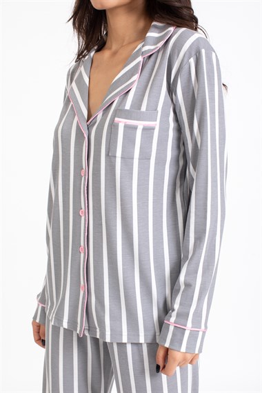 Vs Kadın Desenli Penye U.Kol Pijama Takım Evm gri/beyaz çizgili