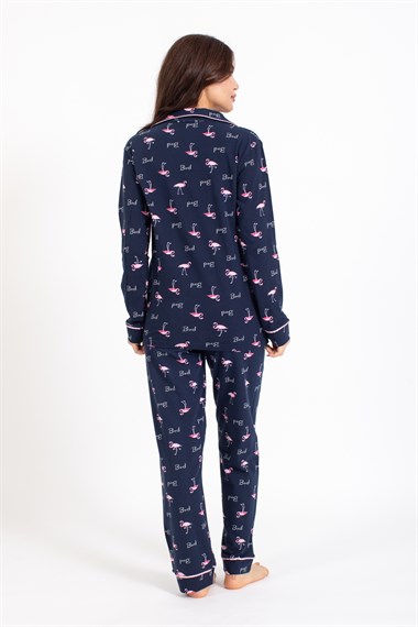 Vs Kadın Desenli Penye U.Kol Pijama Takım Evm lacivert/flamingo desenli
