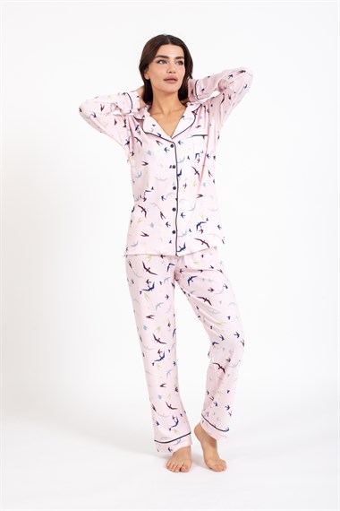 Vs Kadın Desenli Penye U.Kol Pijama Takım Evm pembe/kuş desenli