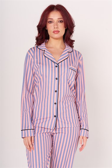 Vs Kadın Desenli Penye U.Kol Pijama Takım Evm Pudra Mavi çizgili