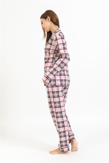 Vs Kadın Desenli Penye U.Kol Pijama Takım Evm pembe/beyaz ekose
