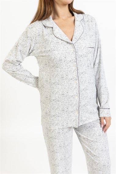 Vs Kadın Desenli Penye U.Kol Pijama Takım Evm Gri Beyaz Çiçekli