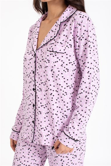 Vs Kadın Desenli Penye U.Kol Pijama Takım Evm lila/küçük kalp desenli