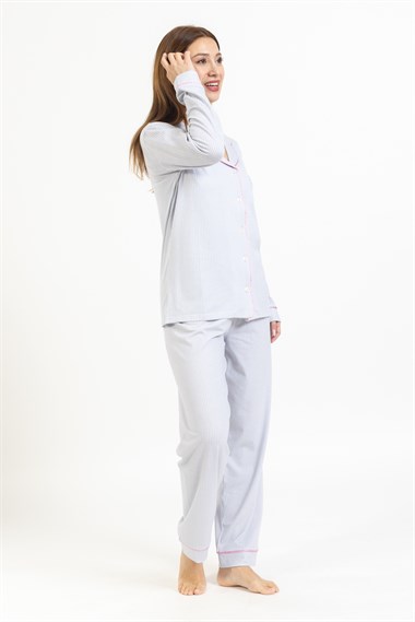 Vs Kadın Desenli Penye U.Kol Pijama Takım Evm mavi beyaz çizgili