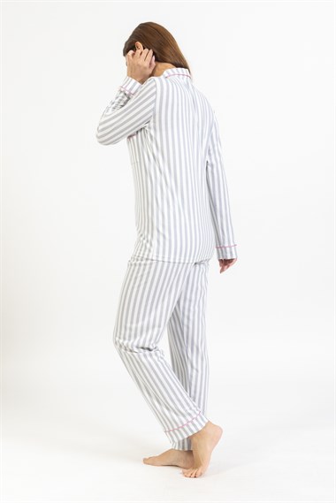 Vs Kadın Desenli Penye U.Kol Pijama Takım Evm Gri Beyaz Çizgili