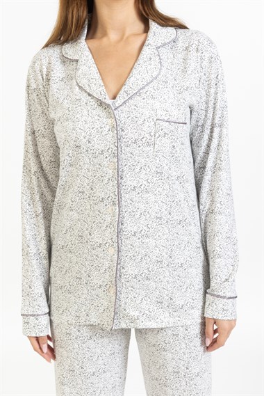 Vs Kadın Desenli Penye U.Kol Pijama Takım Evm Gri Beyaz Çiçekli