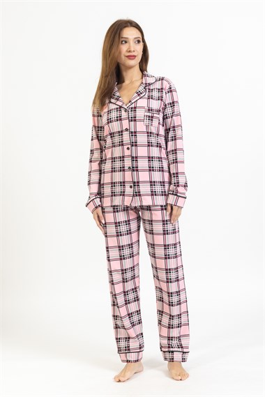 Vs Kadın Desenli Penye U.Kol Pijama Takım Evm pembe/beyaz ekose