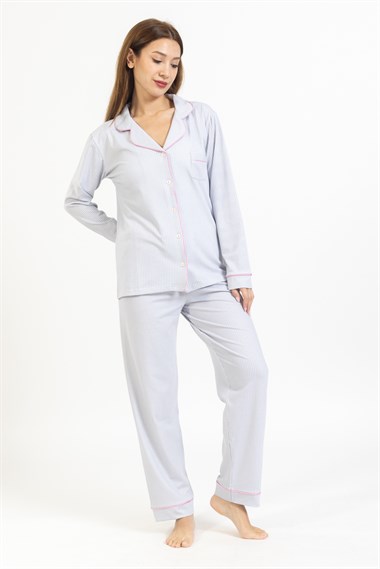 Vs Kadın Desenli Penye U.Kol Pijama Takım Evm mavi beyaz çizgili