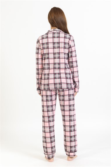 Vs Kadın Desenli Penye U.Kol Pijama Takım Evm pembe/beyaz ekose