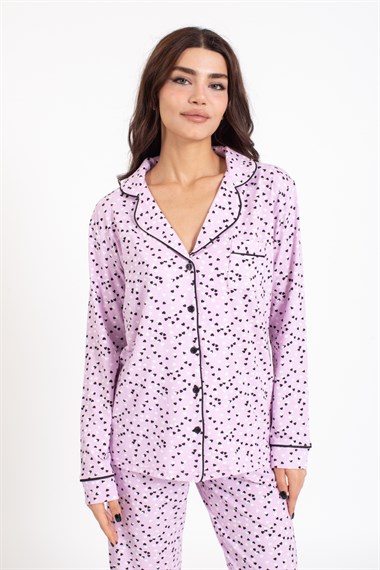 Vs Kadın Desenli Penye U.Kol Pijama Takım Evm lila/küçük kalp desenli