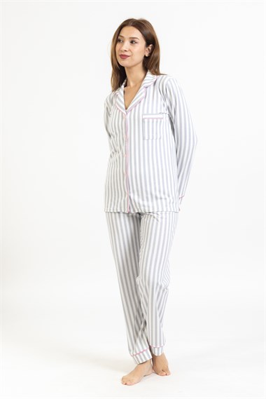Vs Kadın Desenli Penye U.Kol Pijama Takım Evm Gri Beyaz Çizgili