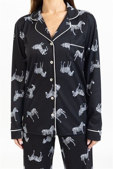 Vs Kadın Desenli Penye U.Kol Pijama Takım Evm Siyah Zebra