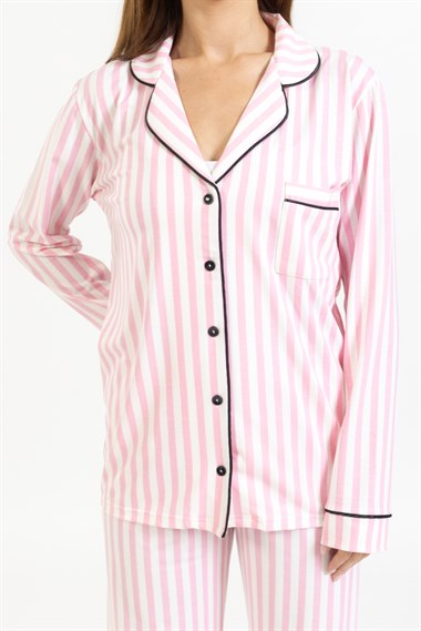 Vs Kadın Desenli Penye U.Kol Pijama Takım Evm Beyaz Pembe Çizgili