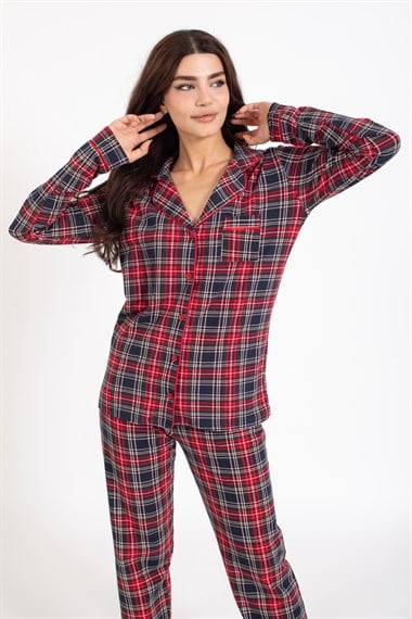 Vs Kadın Desenli Penye U.Kol Pijama Takım Evm kırmızı/yeşil ekose