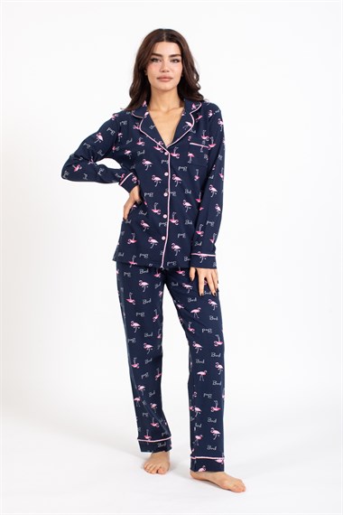 Vs Kadın Desenli Penye U.Kol Pijama Takım Evm lacivert/flamingo desenli