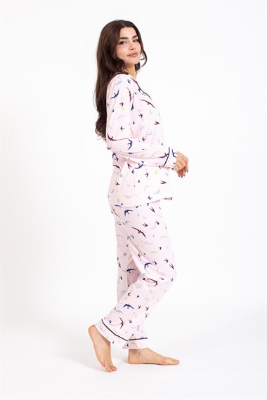 Vs Kadın Desenli Penye U.Kol Pijama Takım Evm pembe/kuş desenli