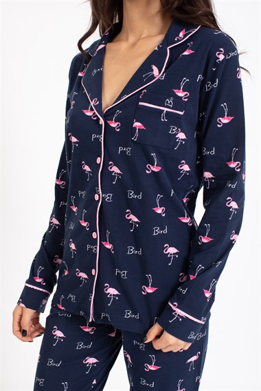 Vs Kadın Desenli Penye U.Kol Pijama Takım Evm lacivert/flamingo desenli