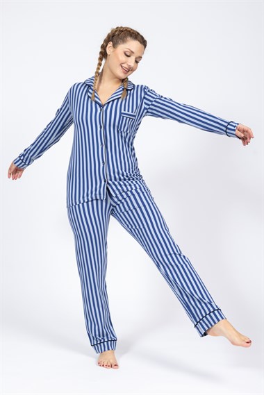 Vs Kadın Desenli Penye U.Kol Pijama Takım Evm Mavi Gri Çizgili