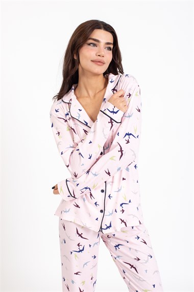Vs Kadın Desenli Penye U.Kol Pijama Takım Evm pembe/kuş desenli