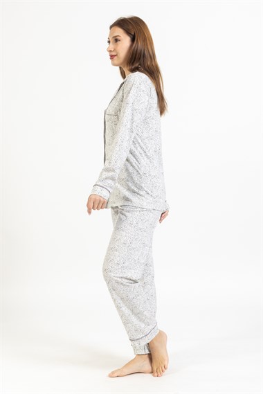 Vs Kadın Desenli Penye U.Kol Pijama Takım Evm Gri Beyaz Çiçekli