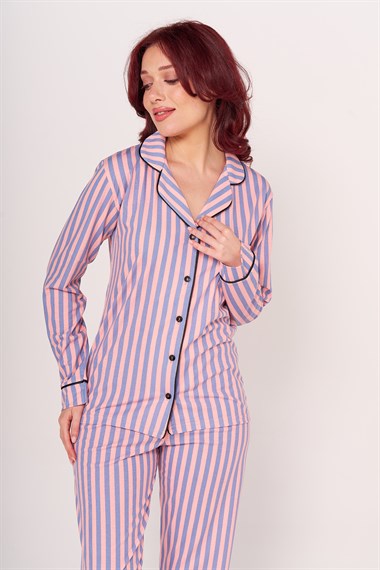 Vs Kadın Desenli Penye U.Kol Pijama Takım Evm Pudra Mavi çizgili