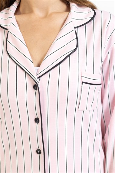 Vs Kadın Desenli Penye U.Kol Pijama Takım Evm Pembe Siyah Çizgili