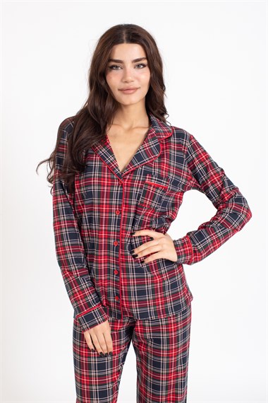 Vs Kadın Desenli Penye U.Kol Pijama Takım Evm kırmızı/yeşil ekose