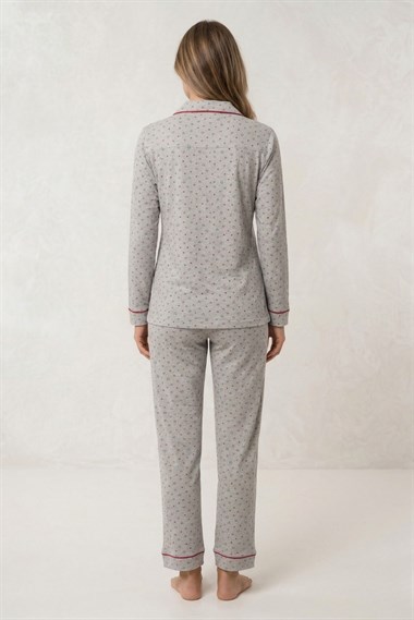 Vs Kadın Desenli Penye U.Kol Pijama Takım Evm Gri Kalp Desenli