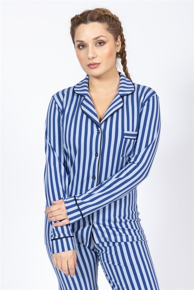 Vs Kadın Desenli Penye U.Kol Pijama Takım Evm Mavi Gri Çizgili