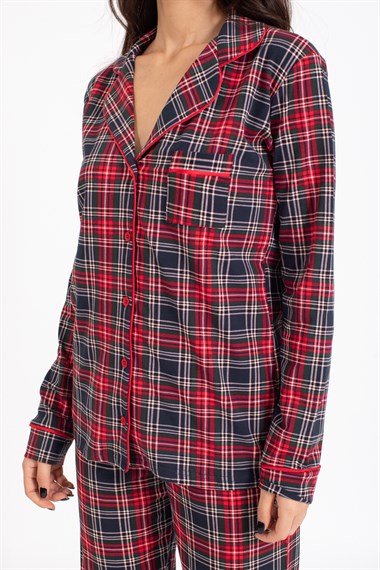 Vs Kadın Desenli Penye U.Kol Pijama Takım Evm kırmızı/yeşil ekose