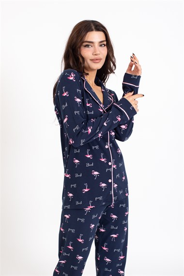 Vs Kadın Desenli Penye U.Kol Pijama Takım Evm lacivert/flamingo desenli