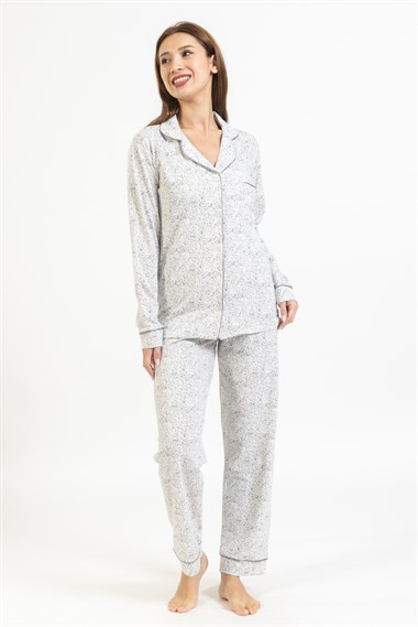 Vs Kadın Desenli Penye U.Kol Pijama Takım Evm Gri Beyaz Çiçekli