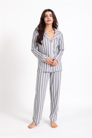 Vs Kadın Desenli Penye U.Kol Pijama Takım Evm gri/beyaz çizgili