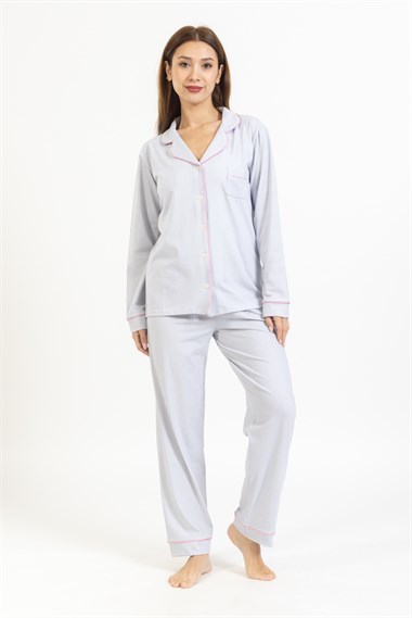 Vs Kadın Desenli Penye U.Kol Pijama Takım Evm mavi beyaz çizgili