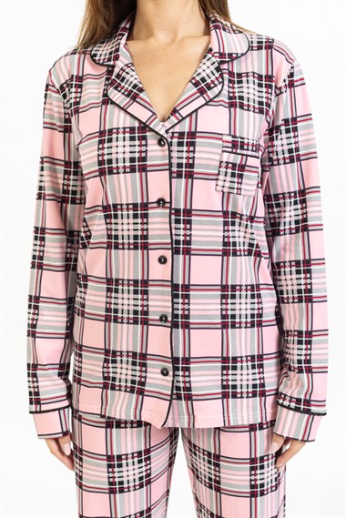 Vs Kadın Desenli Penye U.Kol Pijama Takım Evm pembe/beyaz ekose