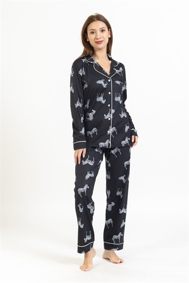 Vs Kadın Desenli Penye U.Kol Pijama Takım Evm Siyah Zebra