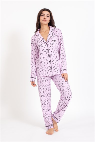 Vs Kadın Desenli Penye U.Kol Pijama Takım Evm lila/küçük kalp desenli