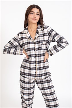 Vs Kadın Ekose Flanel U.Kol Pijama Takım siyah/bej beyaz ekose
