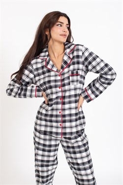 Vs Kadın Ekose Flanel U.Kol Pijama Takım siyah/beyaz ekose