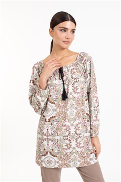 Vs Bayan Önü Püsküllü Kapri Kol Tshırt KREM/DESENLİ