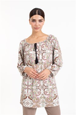 Vs Bayan Önü Püsküllü Kapri Kol Tshırt KREM/DESENLİ