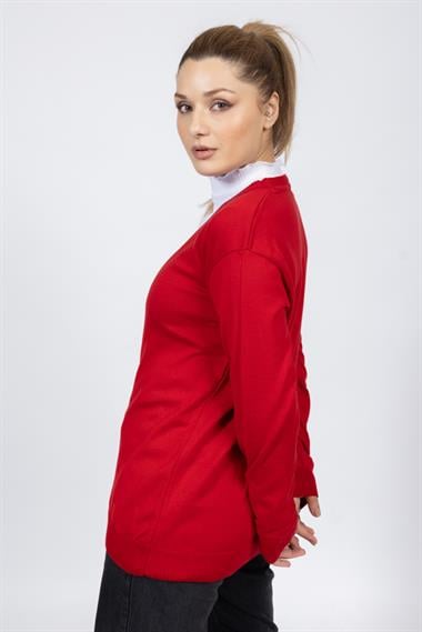 Vs Kadın V Yaka Dügmeli Düz U.Kol Hırka Trk KIRMIZI