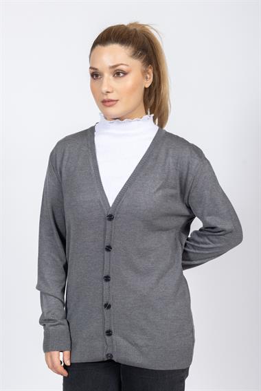 Vs Kadın V Yaka Dügmeli Düz U.Kol Hırka Trk ANTRASİT