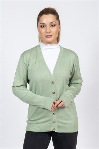 Vs Kadın V Yaka Dügmeli Düz U.Kol Hırka Trk SU YEŞİLİ