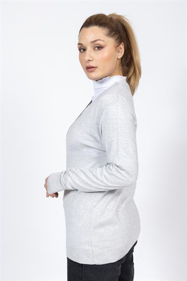 Vs Kadın V Yaka Dügmeli Düz U.Kol Hırka Trk GRİ