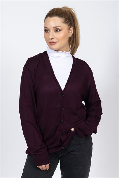 Vs Kadın V Yaka Dügmeli Düz U.Kol Hırka Trk BORDO