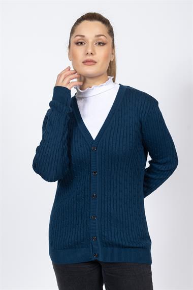 Vs Kadın V Yaka Dügmeli Saç Örgü U.Kol Hırka Trk PETROL YEŞİLİ