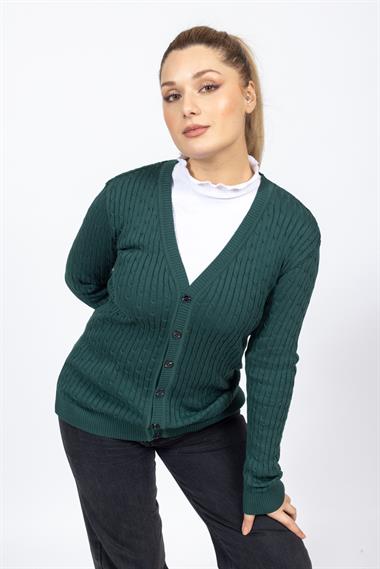 Vs Kadın V Yaka Dügmeli Saç Örgü U.Kol Hırka Trk YEŞİL