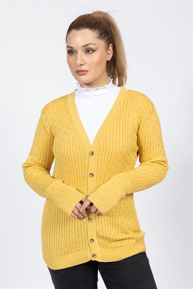 Vs Kadın V Yaka Dügmeli Saç Örgü U.Kol Hırka Trk SARI