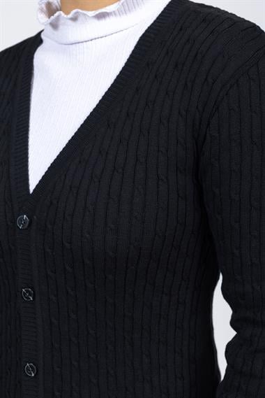 Vs Kadın V Yaka Dügmeli Saç Örgü U.Kol Hırka Trk SİYAH